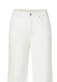 White wide-leg jeans made from denim fabric featuring a button and zipper closure, front pockets, and subtle vertical texture.