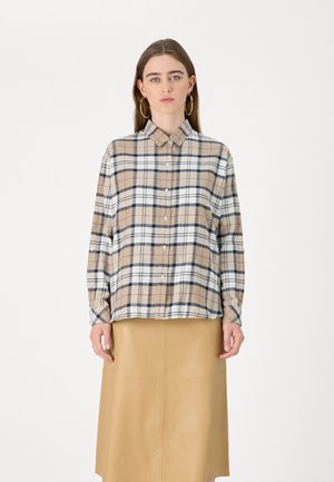 Beige and white plaid shirt with navy and red accents, button-up front, long sleeves, and a collar, paired with a tan leather skirt.