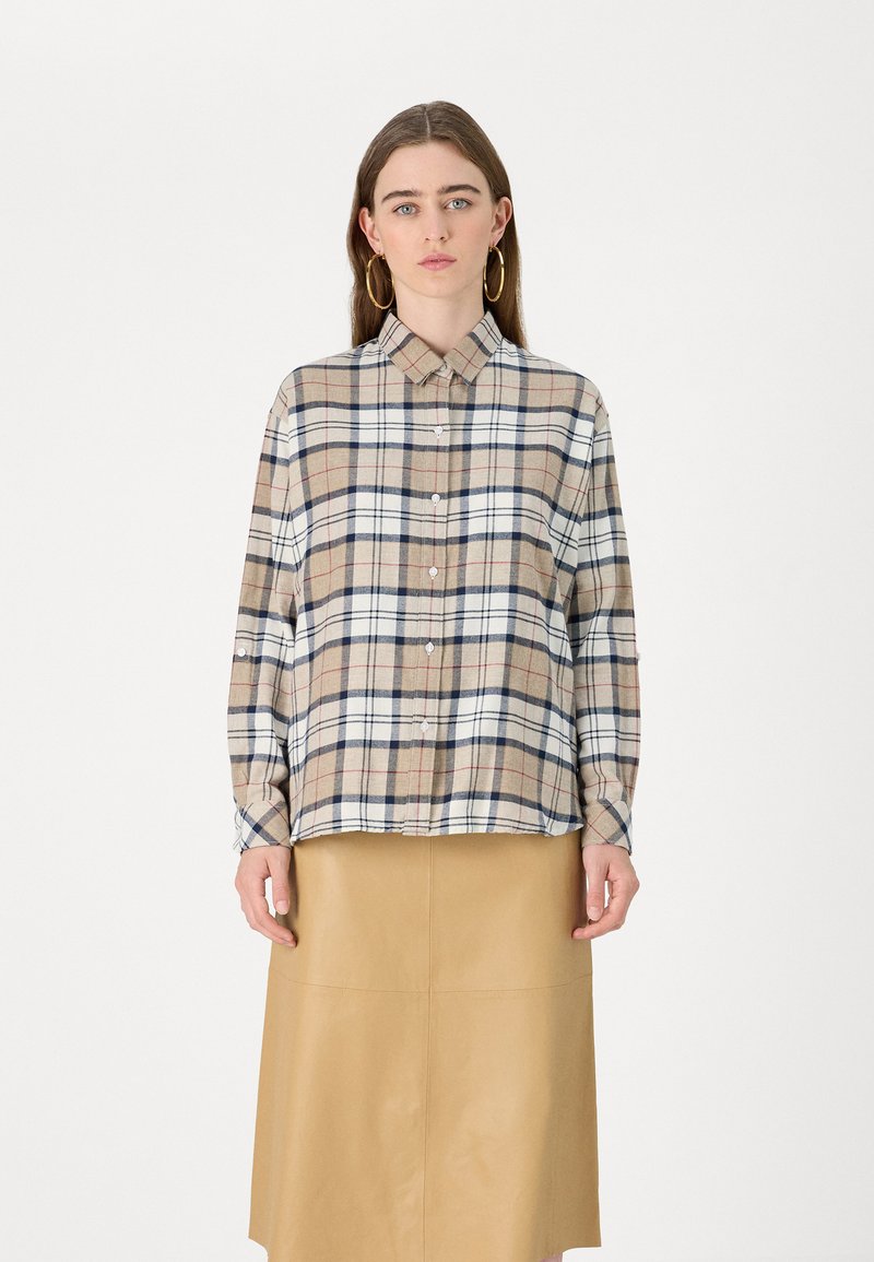 Beige and white plaid shirt with navy and red accents, button-up front, long sleeves, and a collar, paired with a tan leather skirt.