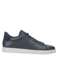 Sneaker da uomo in pelle blu scuro con finitura liscia, suola in gomma bianca, punta rotonda, chiusura con lacci e dettagli di cucitura discreti.