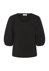 Mustaga top, mille lühikeste, puhvav varrukatega, mis on valmistatud tekstureeritud kangast. Omab ümmargust kaelust ja delikaatset tikandit varrukatel.