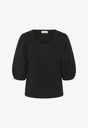 Black top with short, puffed sleeves made of textured fabric. Features a round neckline and delicate embroidery on sleeves.