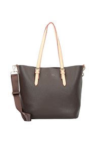 Braune Leder-Tote-Tasche mit beigen Trägern, ausgestattet mit einer strukturierten Oberfläche, silbernem Zubehör und einem abnehmbaren Schultergurt.