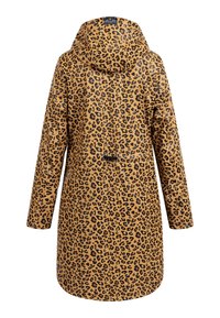 Regnrock med leopardmönster i beige, med huva, långa ärmar och en avslappnad passform, tillverkad av ett vattentätt material.