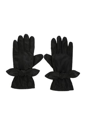 Czarne satynowe rękawiczki o gładkiej fakturze, z marszczonym mankietem i ozdobną kokardą przy nadgarstku. Konstrukcja na pięć palców.