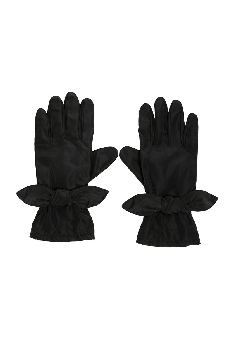 Guantes de satén negro con una textura suave, que presentan un puño fruncido y un detalle decorativo de lazo en la muñeca. Diseño de cinco dedos.