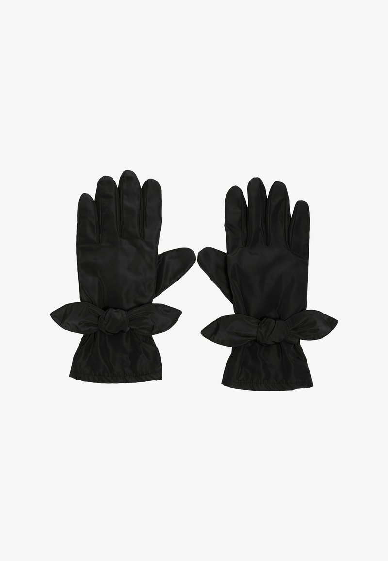 Guantes de satén negro con una textura suave, que presentan un puño fruncido y un detalle decorativo de lazo en la muñeca. Diseño de cinco dedos.