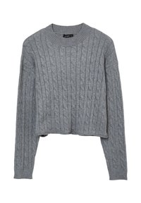 Grauer Strickpullover mit Zopfmuster, rundem Ausschnitt und langen Ärmeln. Kurz geschnittenes Design mit strukturiertem Finish.