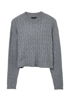 Maglione grigio lavorato a maglia con motivo a trecce, scollatura rotonda e maniche lunghe. Design corto con una finitura testurizzata.