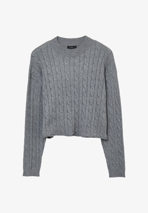 Gray knitted sweater with a cable pattern, round neckline, and long sleeves. Cropped design with a textured finish.