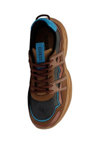 Sneakers con tomaia in pelle marrone e tessuto, accenti blu, dettagli bronzo, superficie strutturata e suola in gomma marrone. Design chunky.