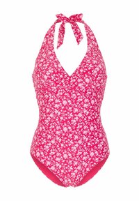 Rosa blommig baddräkt med halterneck och V-ringning, prydd med små vita blommor på en livfull bakgrund.