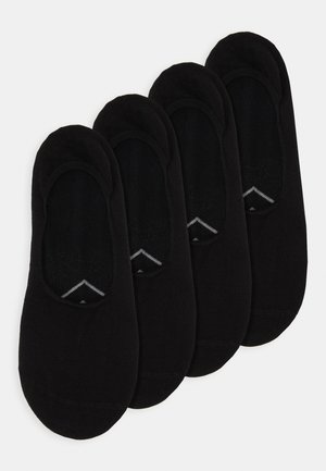 Schwarze niedrige Socken, gefertigt aus einem glatten Stoff, mit nahtlosem Design und dezenten grauen Akzenten an der Ferse; vier Paar enthalten.