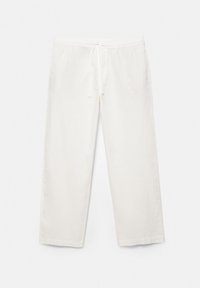 Pantalon blanc coupe décontractée avec taille élastique et cordon, jambes droites et poches latérales sur un fond clair uni.