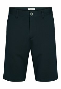 Shorts noirs pour hommes longueur genou avec passants de ceinture, fermeture avant par boutons et étiquette U.S. Polo Assn. à l'intérieur de la ceinture.