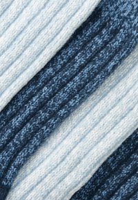 Tessuto a maglia con modelli a coste alternati in diverse tonalità di blu, comprese sfumature chiare e scure, caratterizzato da una morbida consistenza e cuciture visibili.