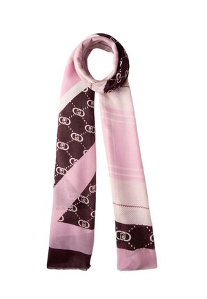 Foulard in seta caratterizzato da un motivo geometrico in rosa e marrone con stampe grafiche. Texture liscia, forma rettangolare allungata, bordi leggermente sfilacciati.