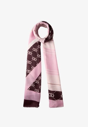 Foulard in seta caratterizzato da un motivo geometrico in rosa e marrone con stampe grafiche. Texture liscia, forma rettangolare allungata, bordi leggermente sfilacciati.