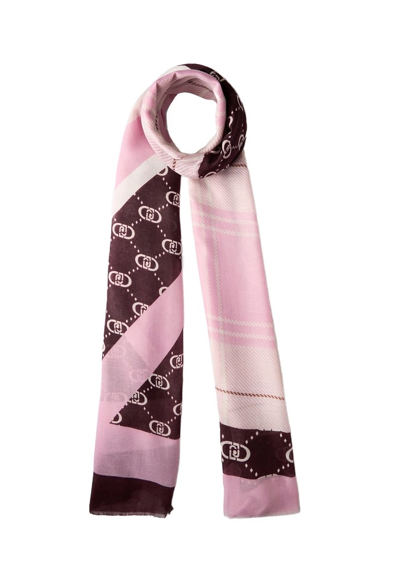 Foulard in seta caratterizzato da un motivo geometrico in rosa e marrone con stampe grafiche. Texture liscia, forma rettangolare allungata, bordi leggermente sfilacciati.
