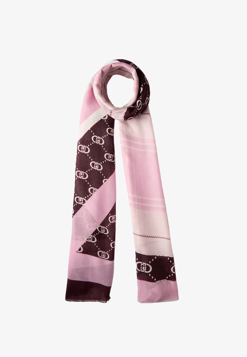 Seidenschal mit geometrischem Muster in Pink und Braun sowie grafischen Prints. Glatte Textur, länglich rechteckige Form, leicht ausgefranste Kanten.