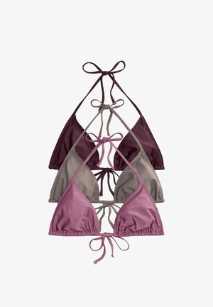 Three triangle bikini tops in mauve, taupe, and dark burgundy colors, stacked vertically with tied string neck and back closures.