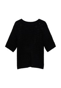Zwarte korte mouwen haakgebreide top met een ronde halslijn en een losse, ademende textuur.
