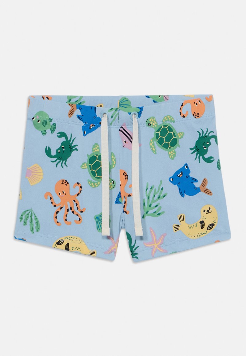 Blå svøm shorts med en række marine-tema mønstre, herunder blæksprutter, skildpadder og fisk. Har hvide snore.