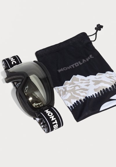 Lunettes de ski noires avec lentilles grises, bandeau ajustable portant "MONTBLANC," et une pochette noire avec un motif de montagne en blanc et gris.