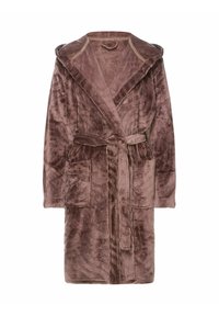Brown, textured robe with hood, long sleeves, two front pockets, and a tied waist belt. Made of soft, plush fabric with a ribbed pattern.