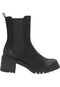 Botines negros con un upper texturizado, paneles laterales elásticos, un tacón cuadrado y una suela robusta para mayor agarre.