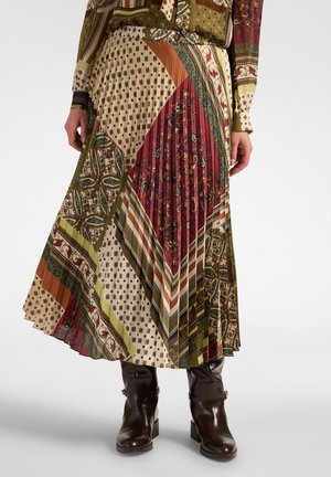 Elena Mirò, GONNA PLISSÉ LUNGA STAMPA PATCHWORK - Gonna a pieghe - verde militare
