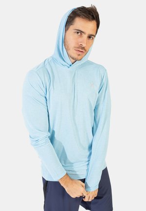Lichtblauwe, lange mouwen hoodie met een gestructureerd oppervlak en een trekkoord in de capuchon. Bevat een klein logo op de borst en aansluitende mouwen.