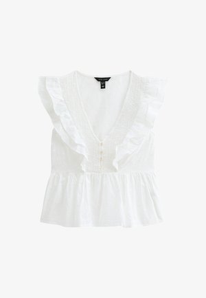 Witte blouse met gerimpelde mouwen, V-hals, knoopdetails en gemêleerde bloemenpatronen op een lichtgewicht stof.