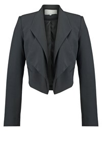 Blazer noir raccourci en tissu lisse, doté d'un col cranté, de manches longues et d'un design à l'avant drapé. Pas de fermetures visibles.