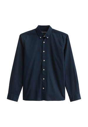 Navy blue long-sleeve button-up shirt with a button-down collar and white buttons, featuring subtle embroidered logo on left chest.