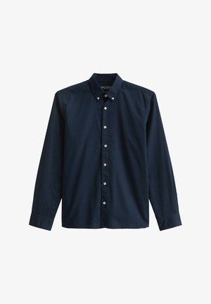 Navy blue long-sleeve button-up shirt with a button-down collar and white buttons, featuring subtle embroidered logo on left chest.