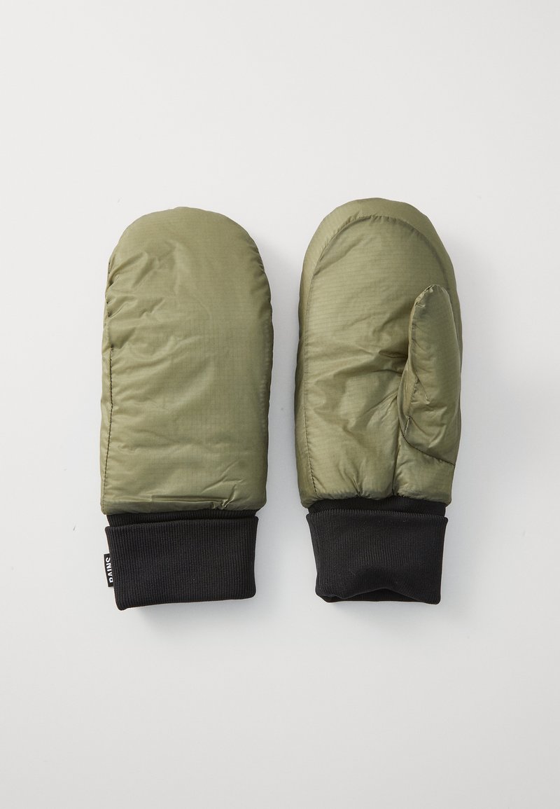 Olive green insulated mittens with black ribbed cuffs, designed for warmth and outdoor use, shown side by side on white background.