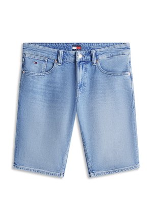 Gaiši zilas džinsa šorti ar priekšējo pogu un rāvējslēdzēju, piecām kabatām un nelielu karoga logotipu uz labās priekšējās kabatas.