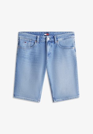 Svetlomodré denimové šortky s predným zapínaním na gombíky a zips, piatimi vreckami a malým logom vlajky na pravom prednom vrecku.