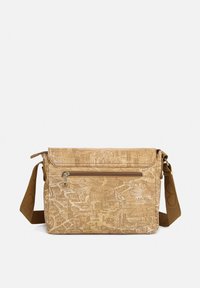 Borsa a tracolla beige con design della mappa, dotata di tasca frontale con zip, tracolla regolabile e superficie testurizzata.