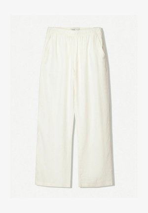 White wide-leg pants made from a lightweight fabric. Features an elastic waistband and side pockets, with a smooth, slightly textured finish.
