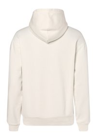 Světle béžová mikina s klokaní kapsou, žebrovanými manžetami a lemem a kapucí se stahovací šňůrkou. Vyrobena z měkkého materiálu z bavlněné směsi.