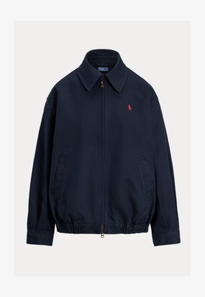 Navy blue zip-up jacket with a pointed collar, side pockets, elasticated hem, and small red embroidered Polo Ralph Lauren logo on the chest.