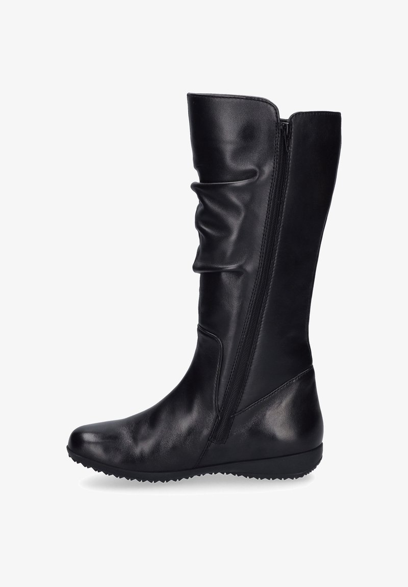 Mustat nahkaiset polvipituiset saappaat, joissa on sileä pinta, laskostettu muotoilu, sivuvetoketju ja litteä kumipohja, jossa on uritettu kuvio.