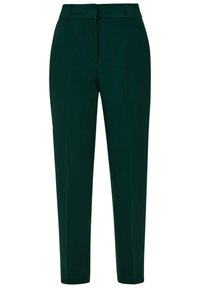 Pantalon vert foncé sur mesure avec une coupe droite, texture lisse, plis à l'avant et passants pour ceinture. Pas de poches visibles ni de fermetures apparentes.