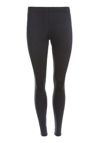 Black stretchy leggings made from a smooth fabric, featuring a fitted design with a high waistband and no visible seams.