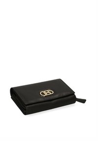 Black leather wallet with a gold logo hardware, rectangular shape, and a foldable design. Features a zippered pocket and sleek texture.