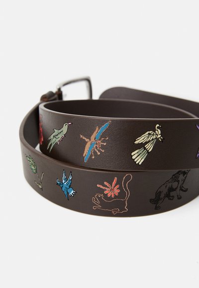 Dark brown leather belt with colorful embroidered birds, flowers, and animal designs, coiled showing metal buckle.