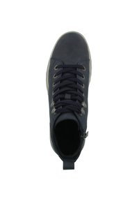 Marineblaue High-Top-Sneaker aus glattem Leder, mit runder Zehenpartie, schnürbarem Vorderteil und einem Schlupfband an der Ferse.