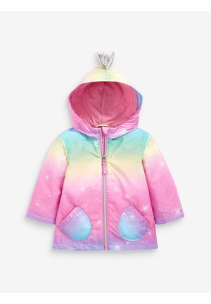 Veste à capuche pour enfant avec fermeture éclair devant, dégradé de couleurs arc-en-ciel, motifs d’étoiles scintillantes, deux poches arrondies et pointes en tissu ludiques sur la capuche.